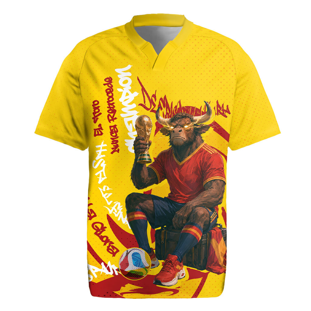 Spain Football Bull Mascot Rugby Jersey Spanish Pride Champion Soccer Trophy Graffiti