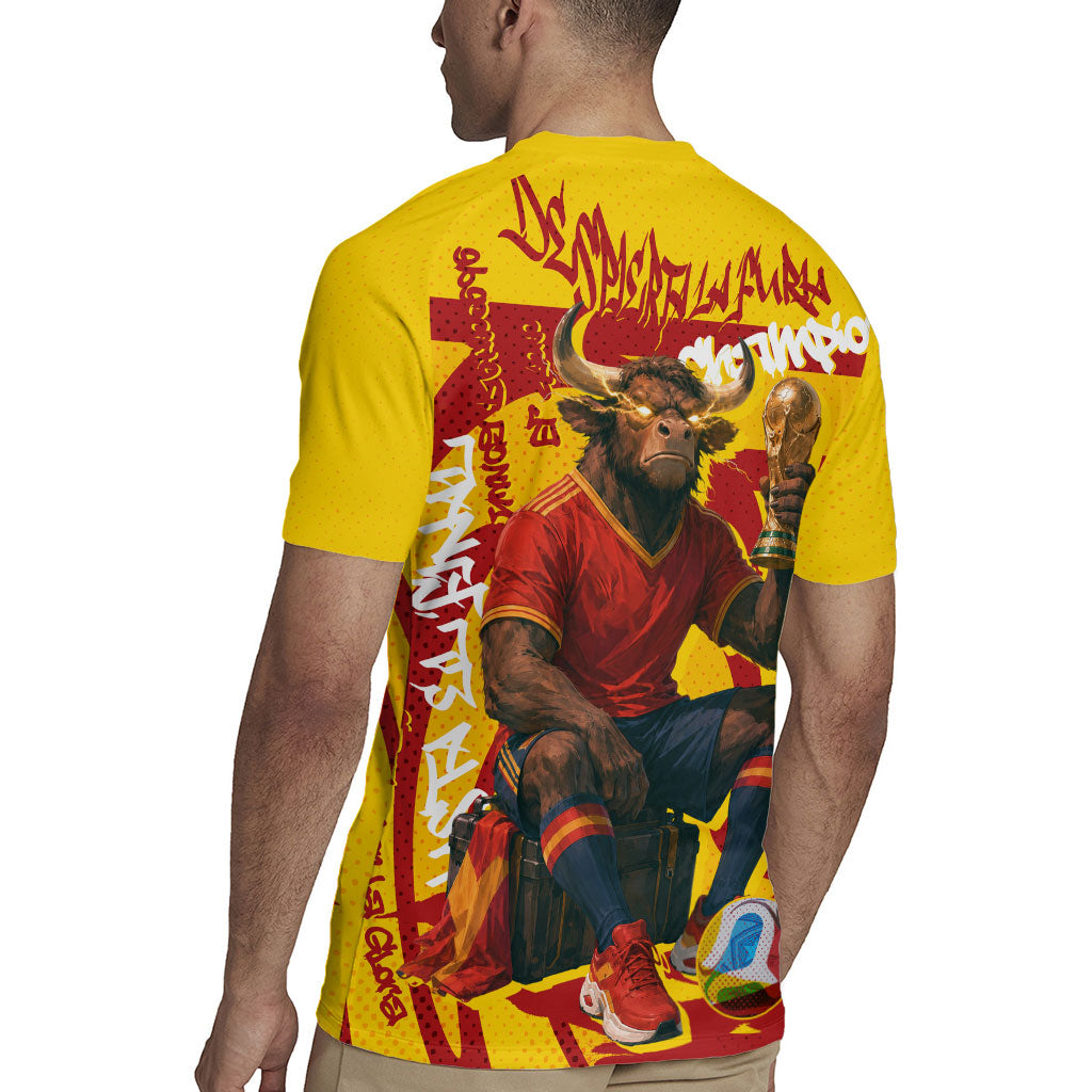Spain Football Bull Mascot Rugby Jersey Spanish Pride Champion Soccer Trophy Graffiti