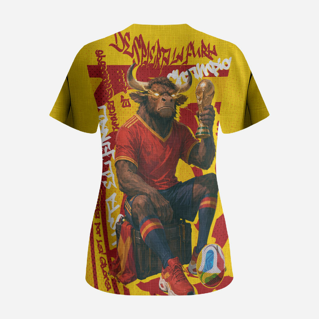 Spain Football Bull Mascot Scrub Top Spanish Pride Champion Soccer Trophy Graffiti