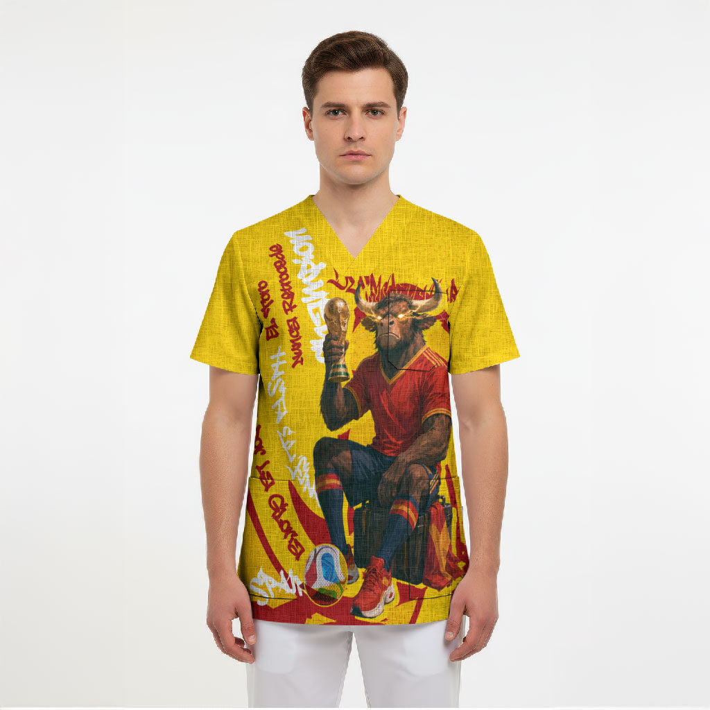 Spain Football Bull Mascot Scrub Top Spanish Pride Champion Soccer Trophy Graffiti