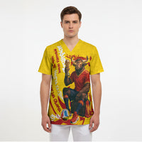Spain Football Bull Mascot Scrub Top Spanish Pride Champion Soccer Trophy Graffiti