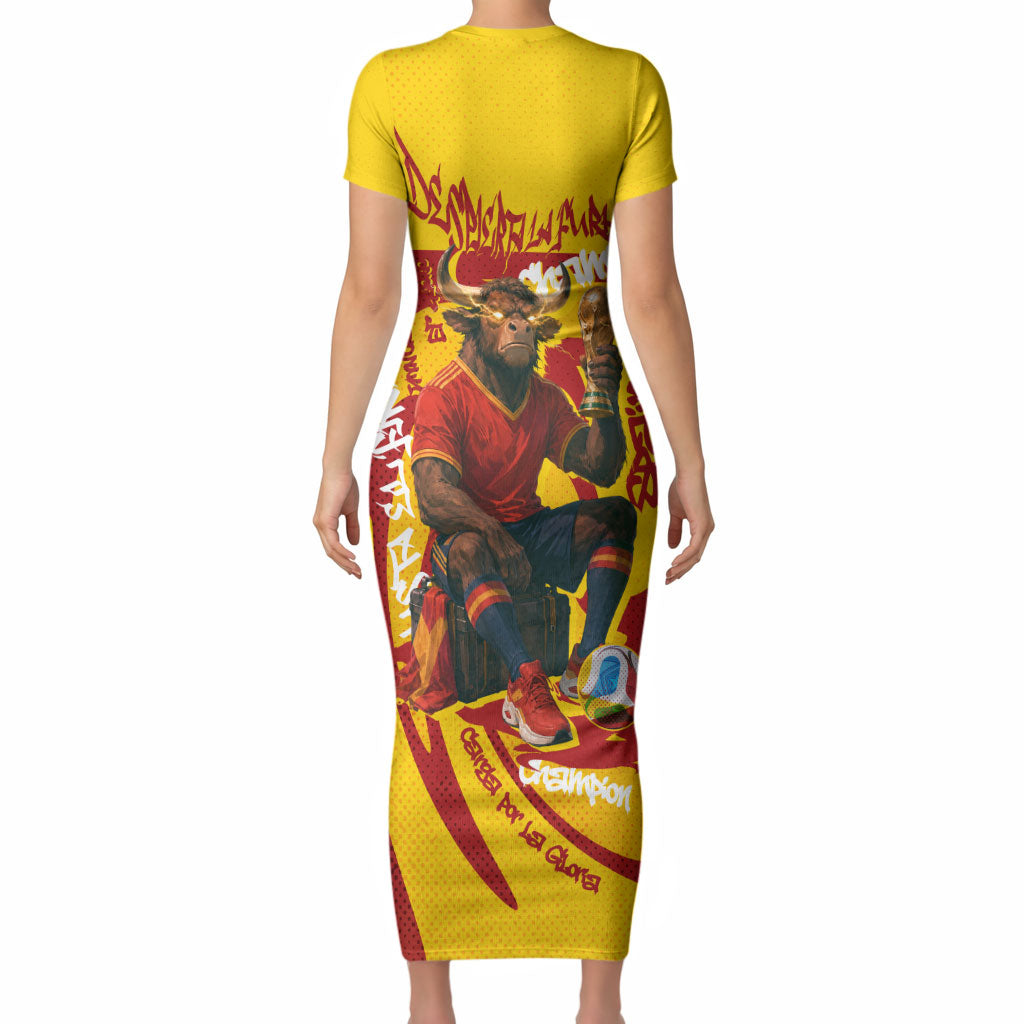 Spain Football Bull Mascot Short Sleeve Bodycon Dress Spanish Pride Champion Soccer Trophy Graffiti