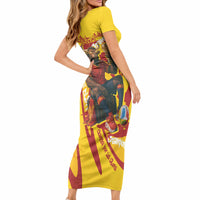 Spain Football Bull Mascot Short Sleeve Bodycon Dress Spanish Pride Champion Soccer Trophy Graffiti