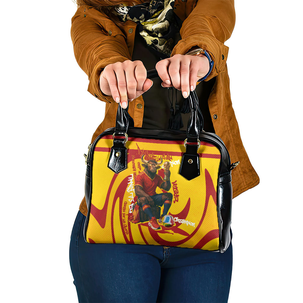 Spain Football Bull Mascot Shoulder Handbag Spanish Pride Champion Soccer Trophy Graffiti