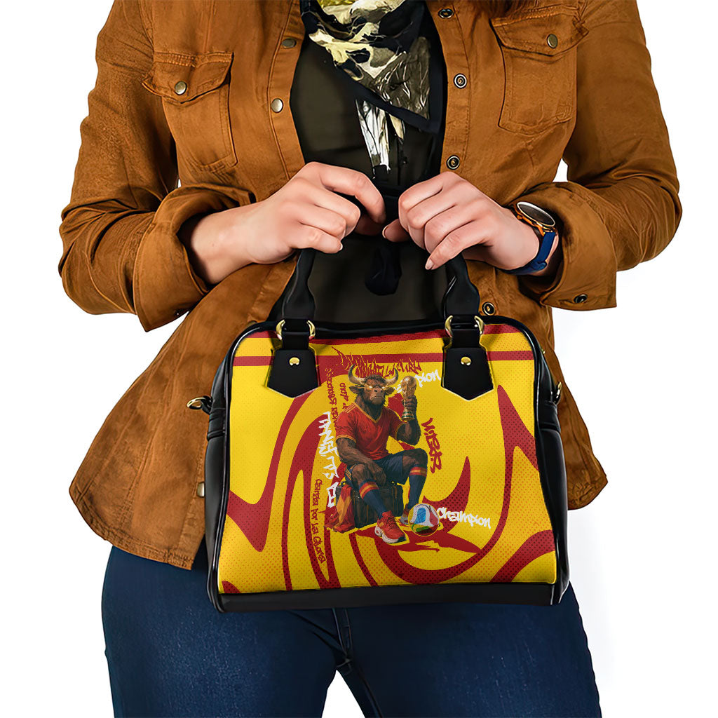 Spain Football Bull Mascot Shoulder Handbag Spanish Pride Champion Soccer Trophy Graffiti
