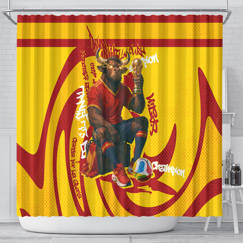 Spain Football Bull Mascot Shower Curtain Spanish Pride Champion Soccer Trophy Graffiti