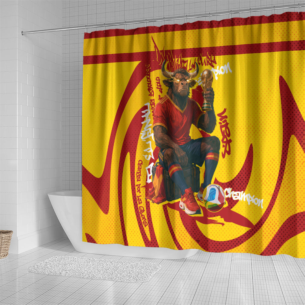 Spain Football Bull Mascot Shower Curtain Spanish Pride Champion Soccer Trophy Graffiti