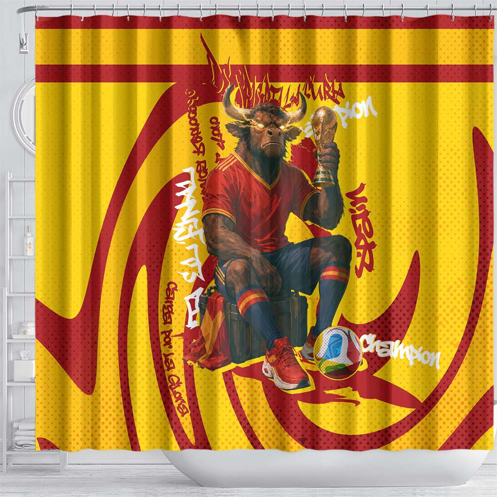 Spain Football Bull Mascot Shower Curtain Spanish Pride Champion Soccer Trophy Graffiti