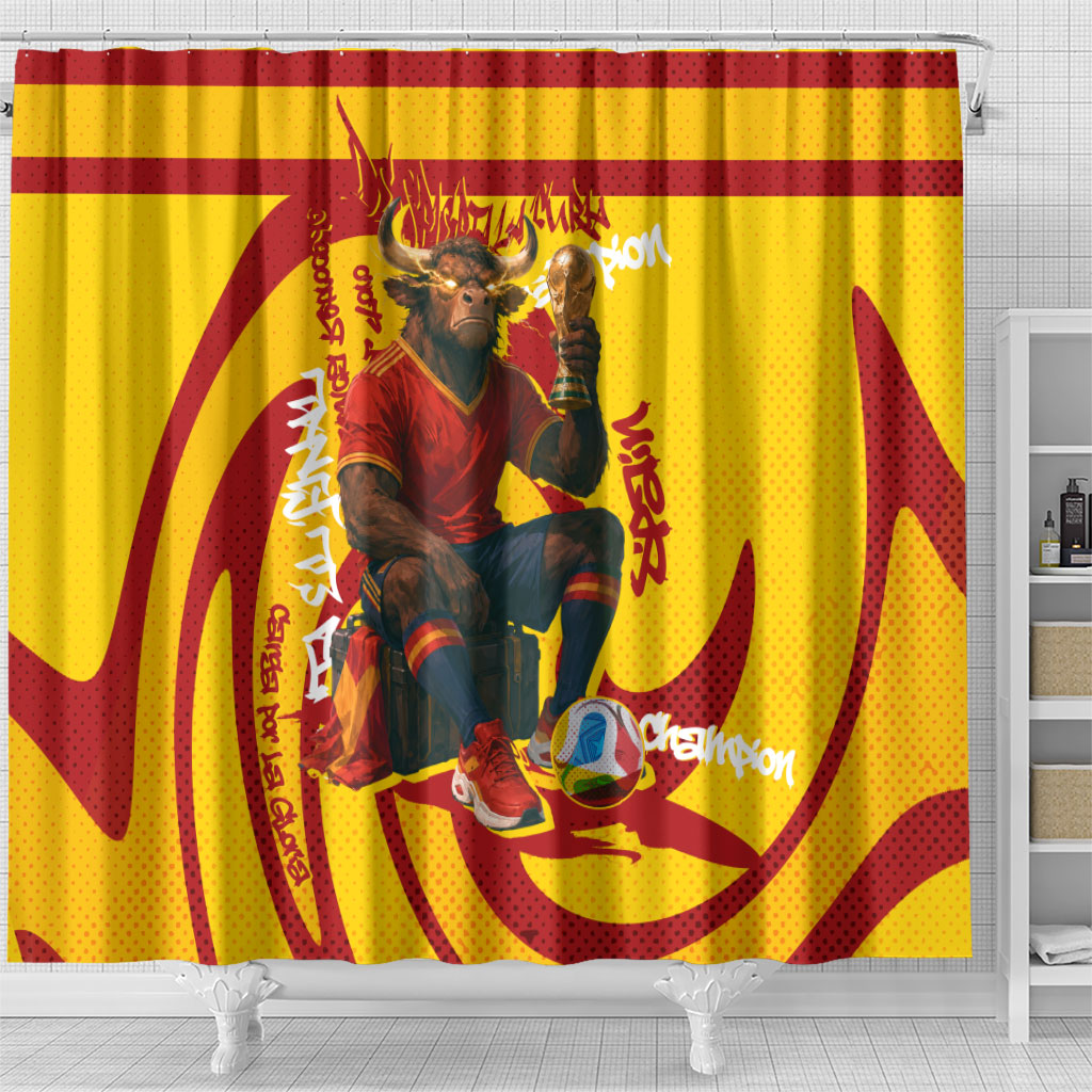 Spain Football Bull Mascot Shower Curtain Spanish Pride Champion Soccer Trophy Graffiti