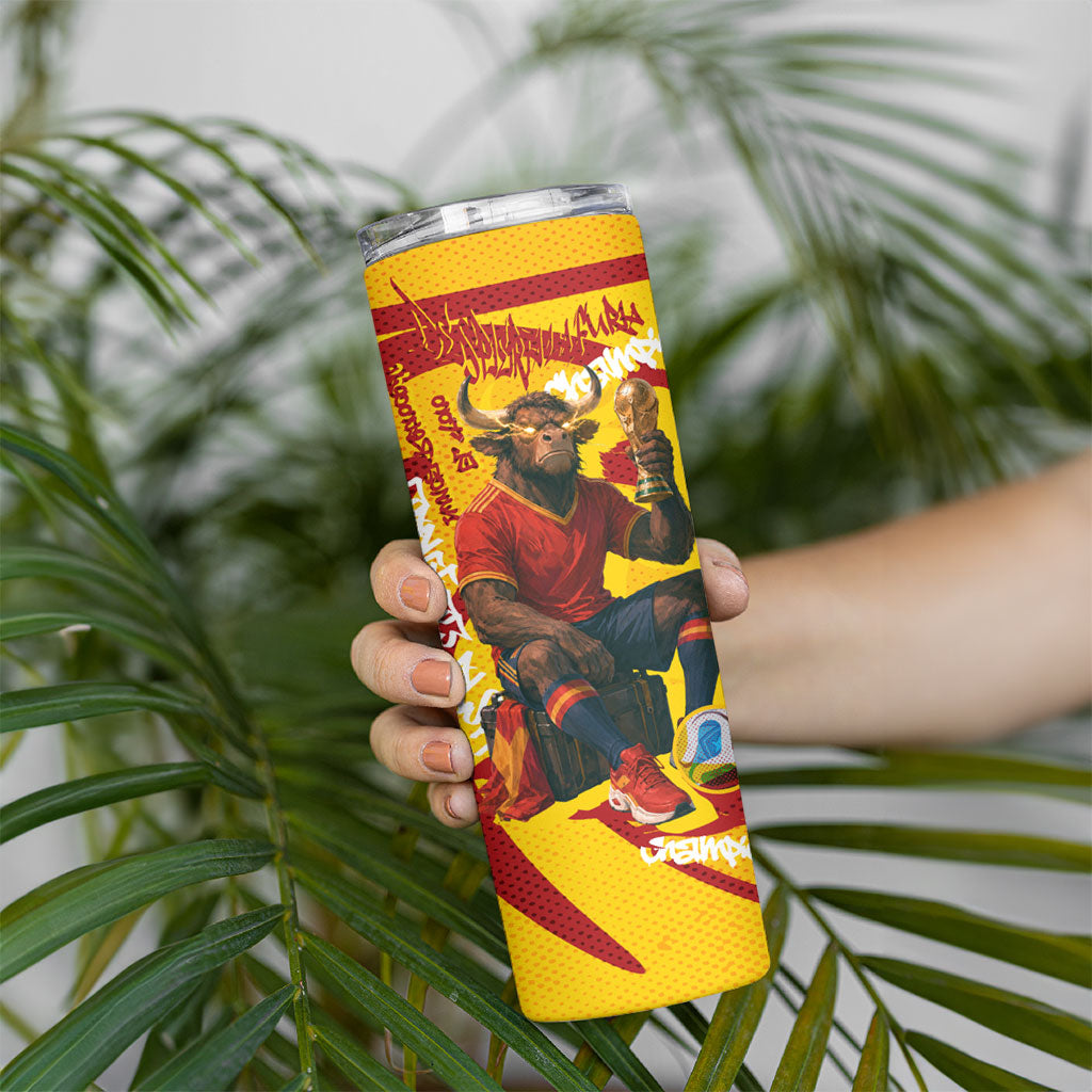 Spain Football Bull Mascot Skinny Tumbler Spanish Pride Champion Soccer Trophy Graffiti