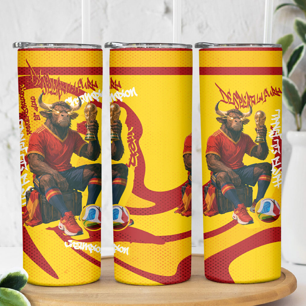 Spain Football Bull Mascot Skinny Tumbler Spanish Pride Champion Soccer Trophy Graffiti