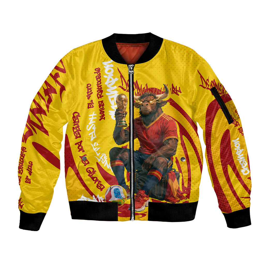 Spain Football Bull Mascot Sleeve Zip Bomber Jacket Spanish Pride Champion Soccer Trophy Graffiti