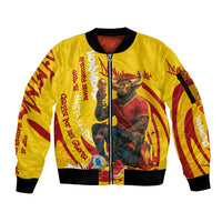 Spain Football Bull Mascot Sleeve Zip Bomber Jacket Spanish Pride Champion Soccer Trophy Graffiti