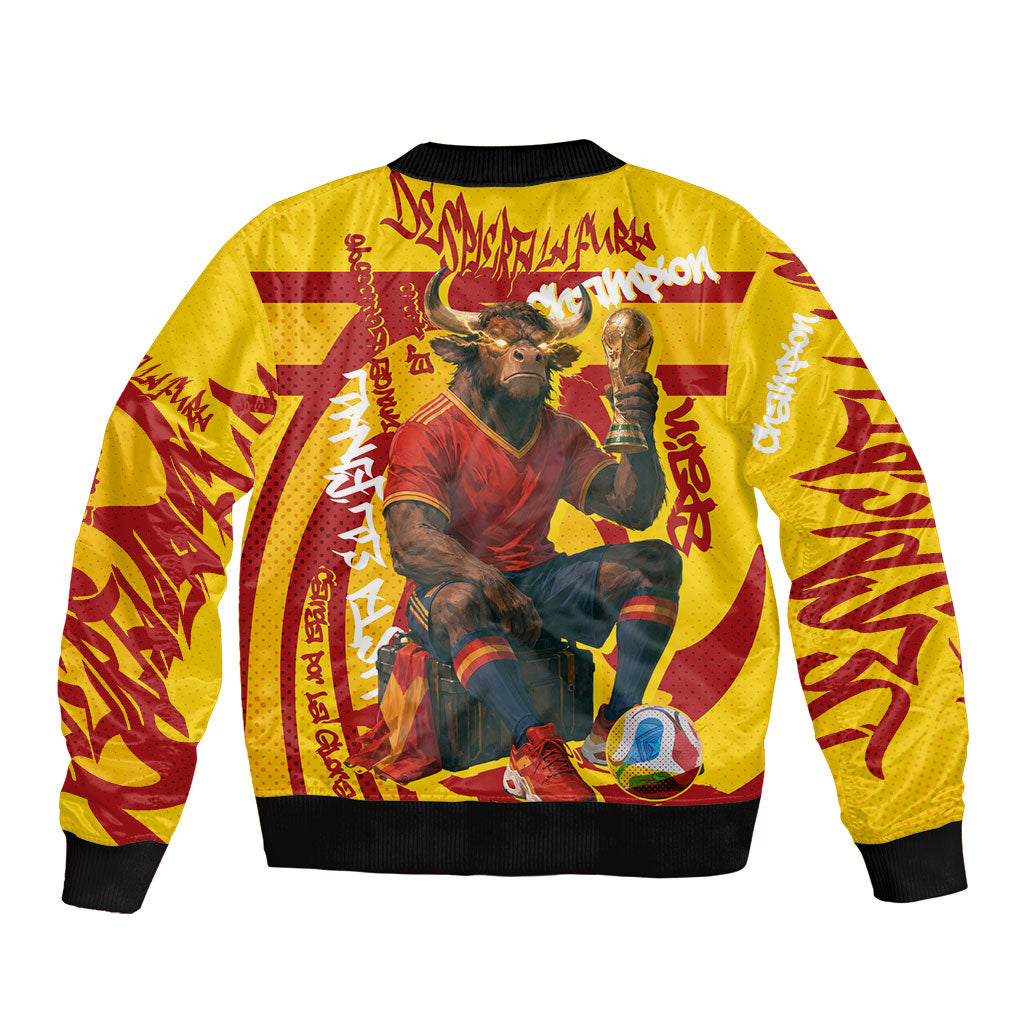 Spain Football Bull Mascot Sleeve Zip Bomber Jacket Spanish Pride Champion Soccer Trophy Graffiti