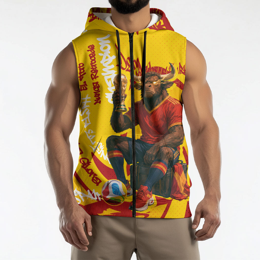 Spain Football Bull Mascot Sleeveless Zip Hoodie Spanish Pride Champion Soccer Trophy Graffiti