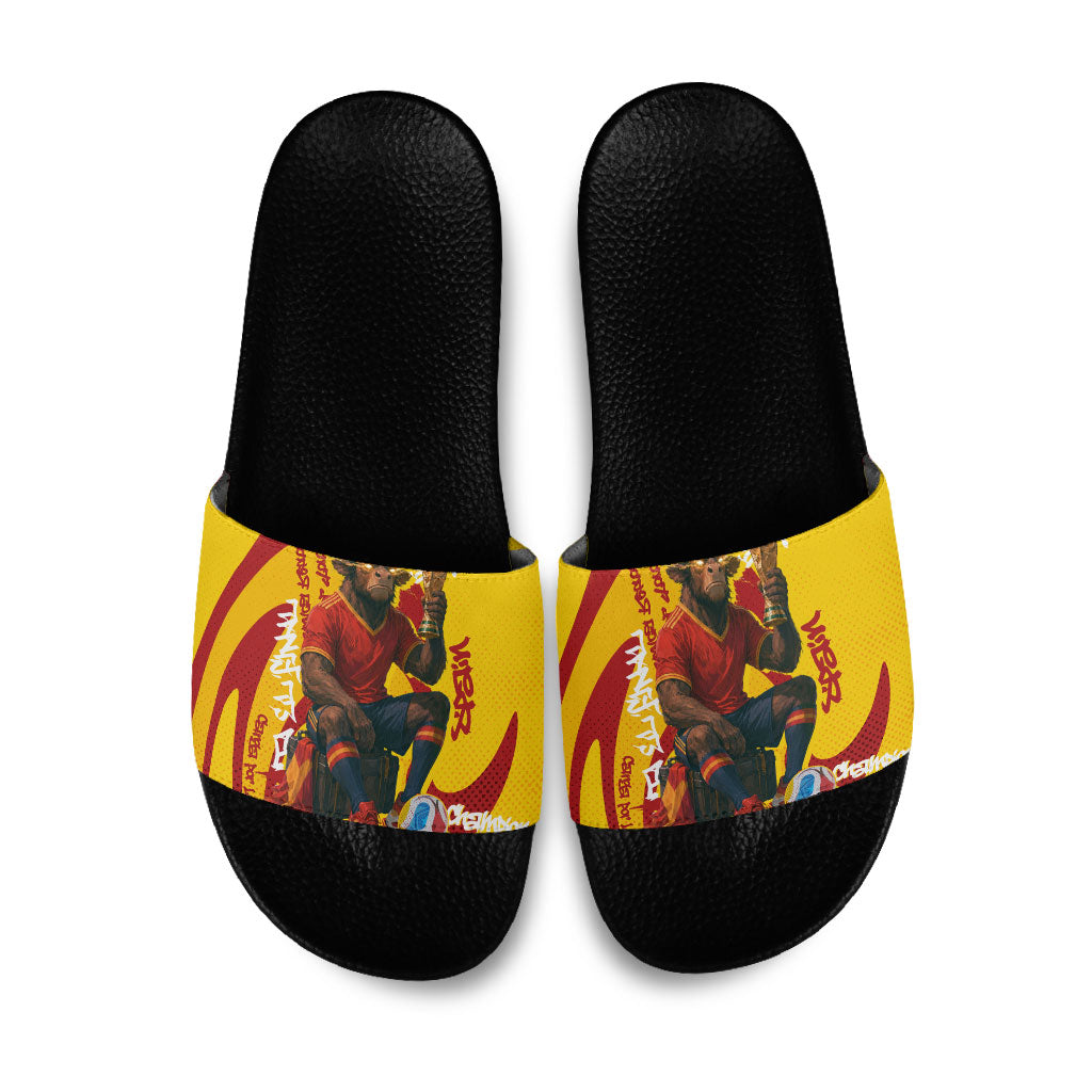 Spain Football Bull Mascot Slide Sandals Spanish Pride Champion Soccer Trophy Graffiti