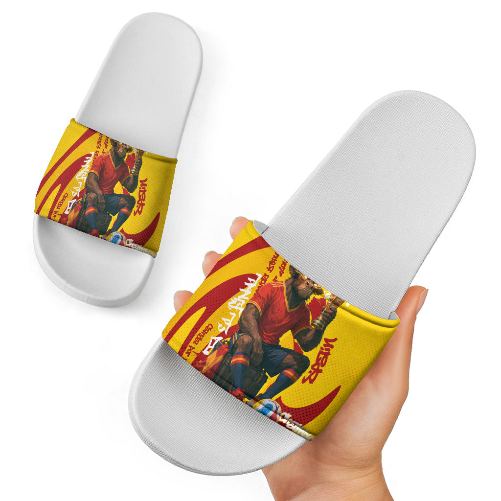 Spain Football Bull Mascot Slide Sandals Spanish Pride Champion Soccer Trophy Graffiti