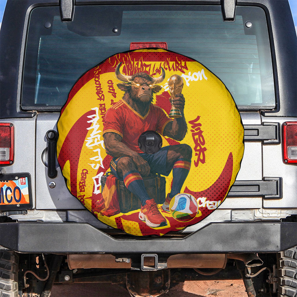Spain Football Bull Mascot Spare Tire Cover Spanish Pride Champion Soccer Trophy Graffiti
