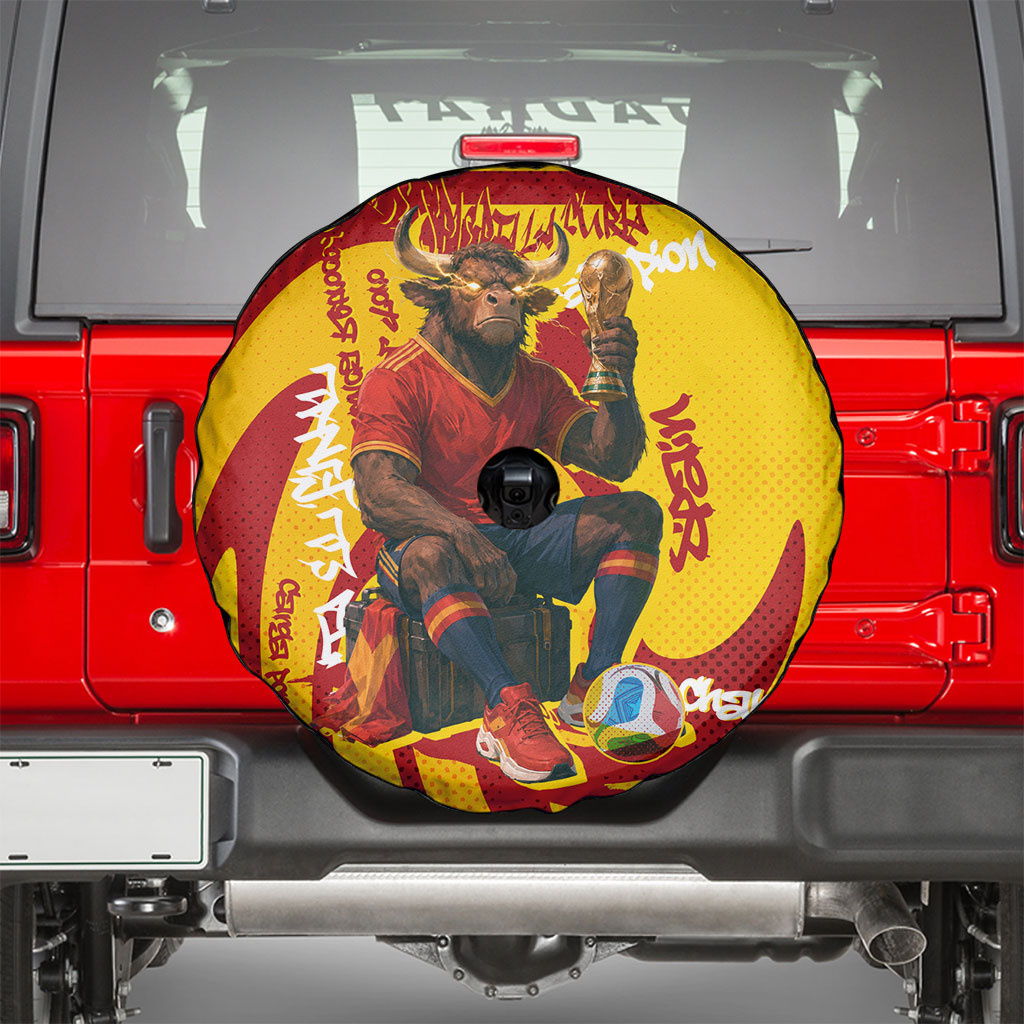 Spain Football Bull Mascot Spare Tire Cover Spanish Pride Champion Soccer Trophy Graffiti