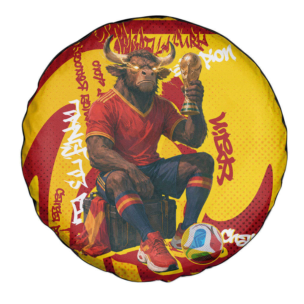 Spain Football Bull Mascot Spare Tire Cover Spanish Pride Champion Soccer Trophy Graffiti