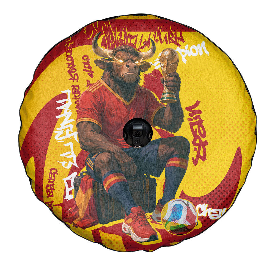 Spain Football Bull Mascot Spare Tire Cover Spanish Pride Champion Soccer Trophy Graffiti