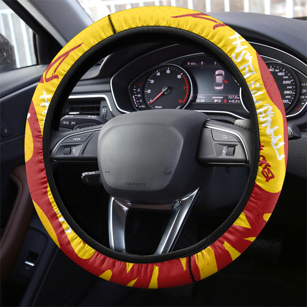 Spain Football Bull Mascot Steering Wheel Cover Spanish Pride Champion Soccer Trophy Graffiti