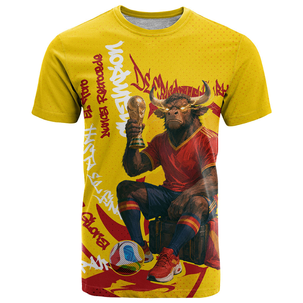 Spain Football Bull Mascot T Shirt Spanish Pride Champion Soccer Trophy Graffiti