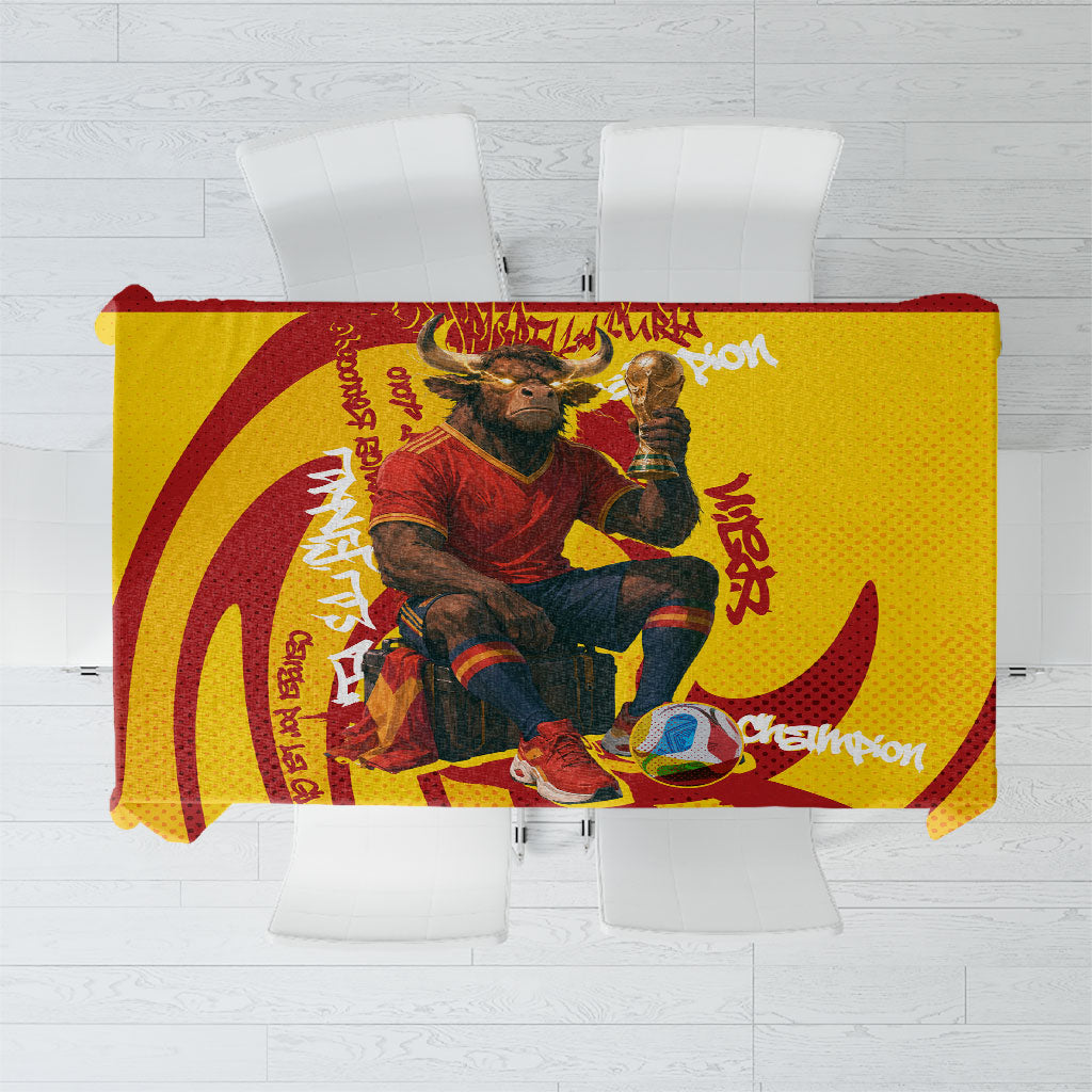 Spain Football Bull Mascot Tablecloth Spanish Pride Champion Soccer Trophy Graffiti