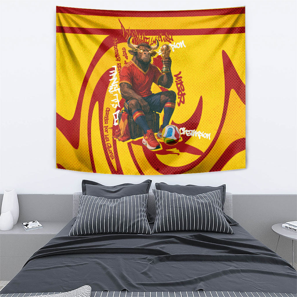 Spain Football Bull Mascot Tapestry Spanish Pride Champion Soccer Trophy Graffiti