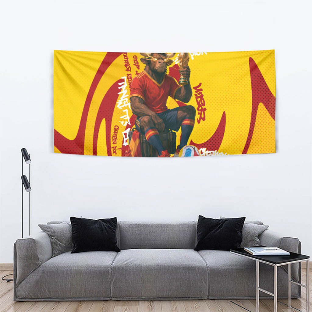 Spain Football Bull Mascot Tapestry Spanish Pride Champion Soccer Trophy Graffiti