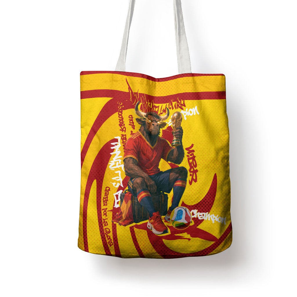 Spain Football Bull Mascot Tote Bag Spanish Pride Champion Soccer Trophy Graffiti