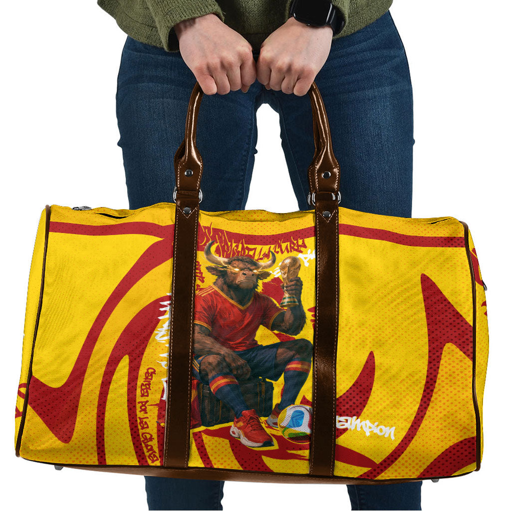 Spain Football Bull Mascot Travel Bag Spanish Pride Champion Soccer Trophy Graffiti