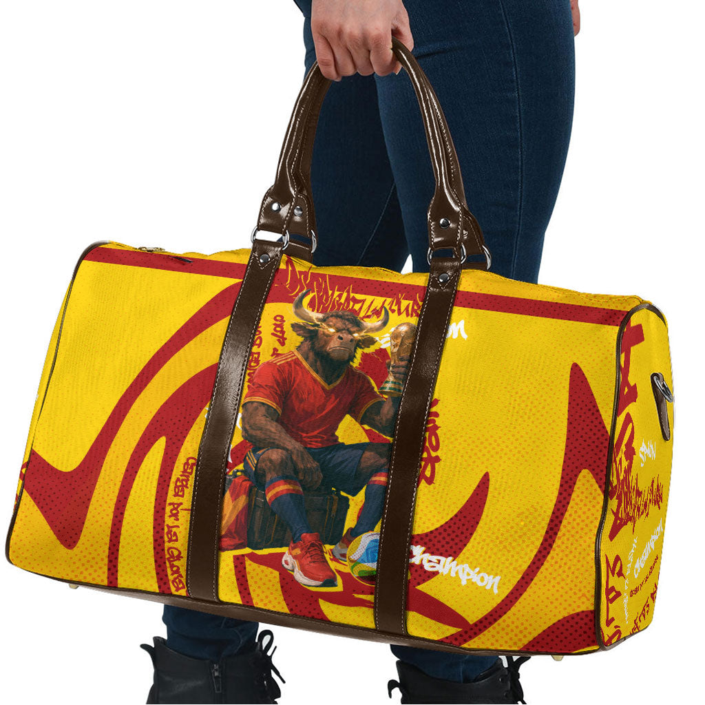 Spain Football Bull Mascot Travel Bag Spanish Pride Champion Soccer Trophy Graffiti