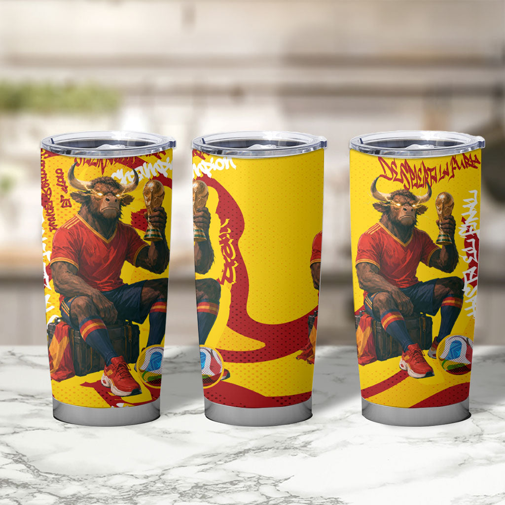 Spain Football Bull Mascot Tumbler Cup Spanish Pride Champion Soccer Trophy Graffiti