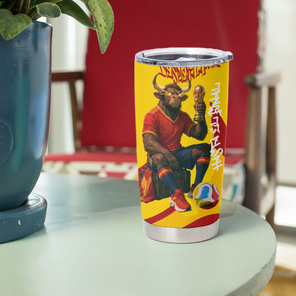 Spain Football Bull Mascot Tumbler Cup Spanish Pride Champion Soccer Trophy Graffiti