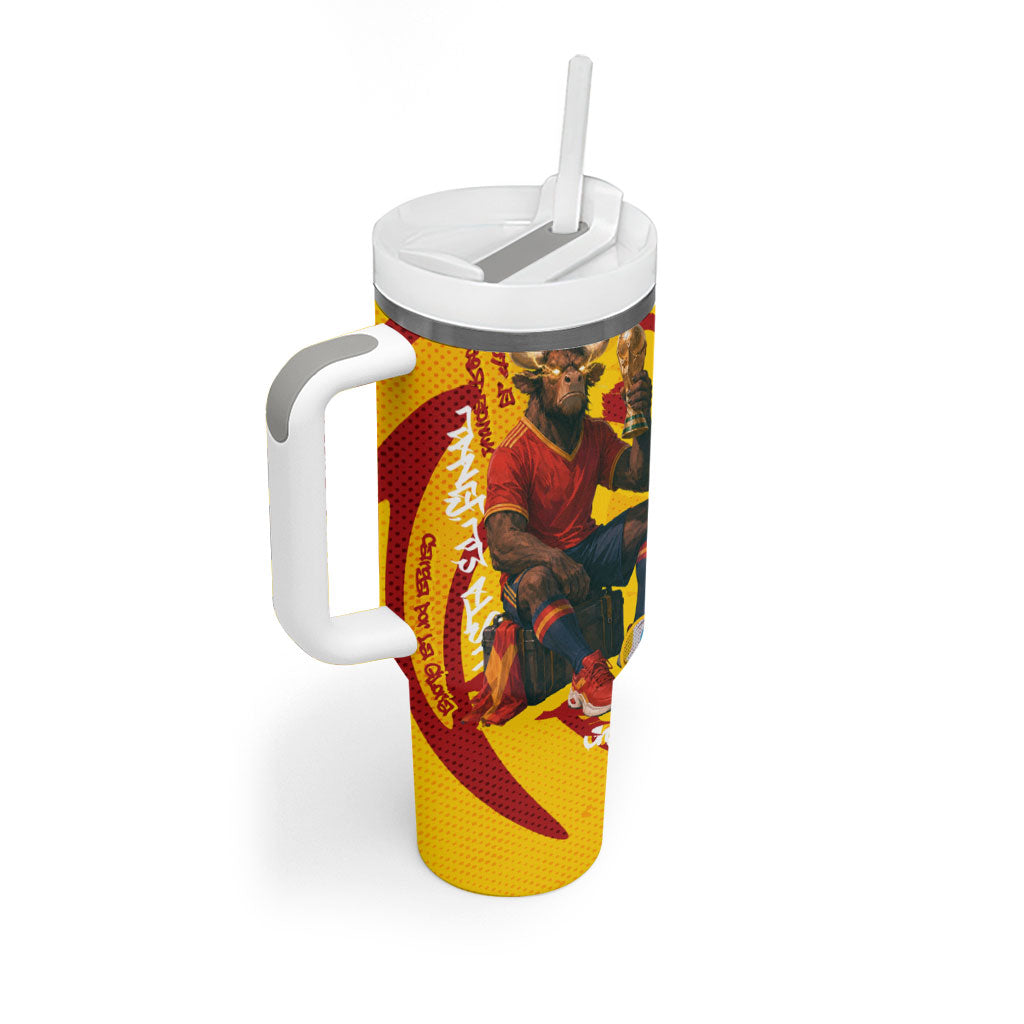 Spain Football Bull Mascot Tumbler With Handle Spanish Pride Champion Soccer Trophy Graffiti