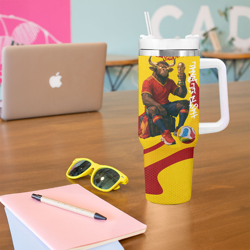 Spain Football Bull Mascot Tumbler With Handle Spanish Pride Champion Soccer Trophy Graffiti