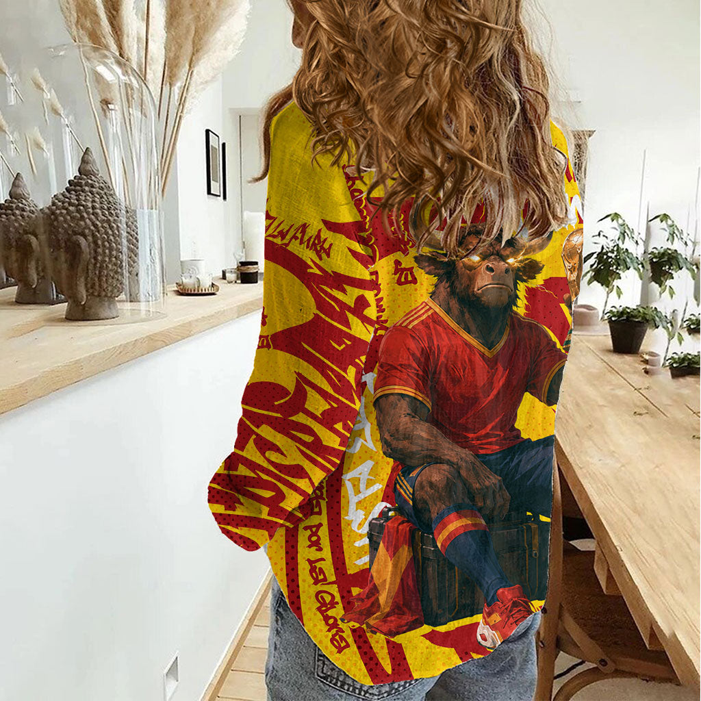 Spain Football Bull Mascot Women Casual Shirt Spanish Pride Champion Soccer Trophy Graffiti