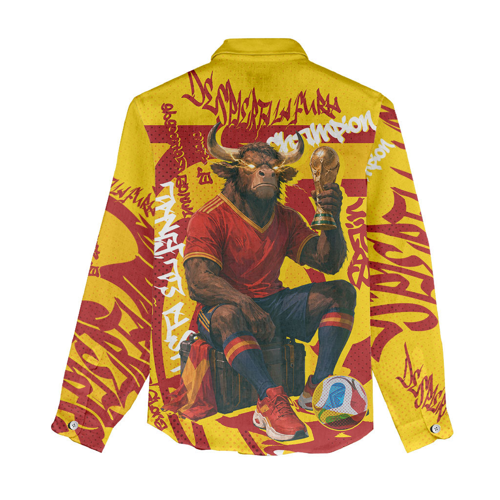 Spain Football Bull Mascot Women Casual Shirt Spanish Pride Champion Soccer Trophy Graffiti