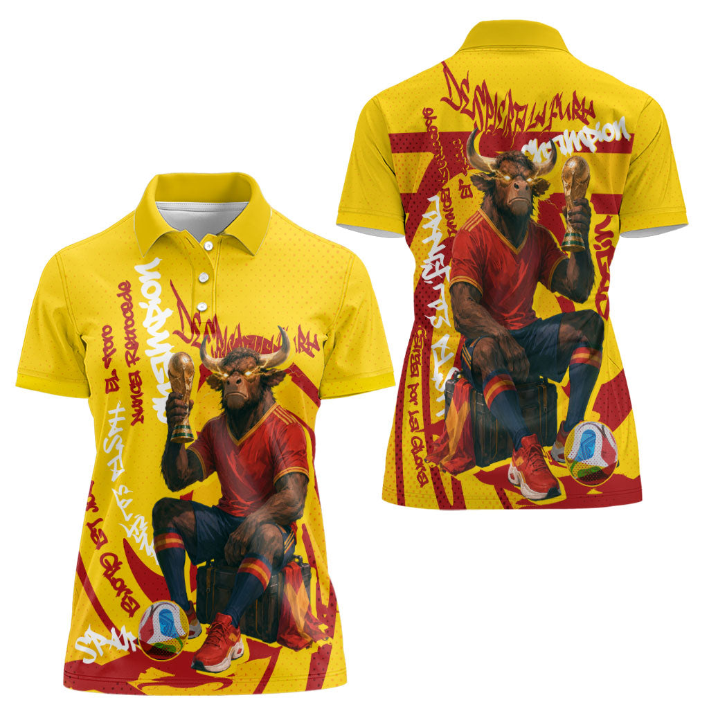 Spain Football Bull Mascot Women Polo Shirt Spanish Pride Champion Soccer Trophy Graffiti
