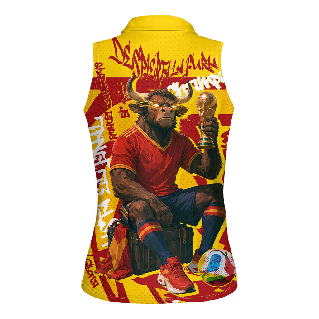 Spain Football Bull Mascot Women Sleeveless Polo Shirt Spanish Pride Champion Soccer Trophy Graffiti