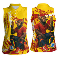 Spain Football Bull Mascot Women Sleeveless Polo Shirt Spanish Pride Champion Soccer Trophy Graffiti