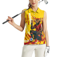 Spain Football Bull Mascot Women Sleeveless Polo Shirt Spanish Pride Champion Soccer Trophy Graffiti