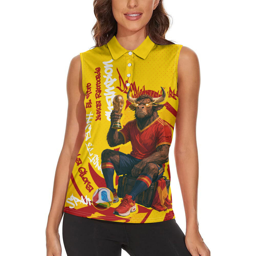 Spain Football Bull Mascot Women Sleeveless Polo Shirt Spanish Pride Champion Soccer Trophy Graffiti