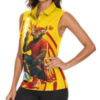 Spain Football Bull Mascot Women Sleeveless Polo Shirt Spanish Pride Champion Soccer Trophy Graffiti