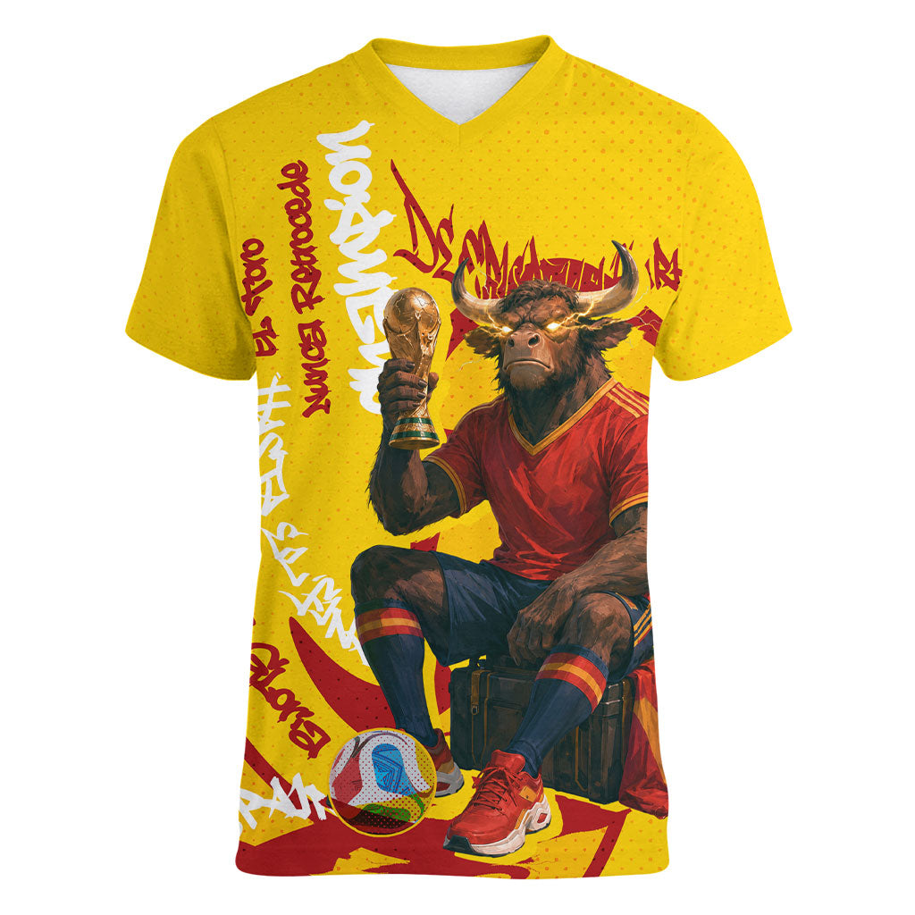 Spain Football Bull Mascot Women V-Neck T-Shirt Spanish Pride Champion Soccer Trophy Graffiti