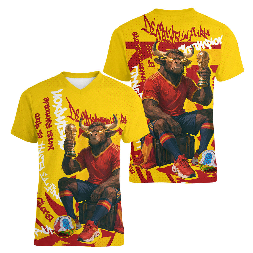 Spain Football Bull Mascot Women V-Neck T-Shirt Spanish Pride Champion Soccer Trophy Graffiti