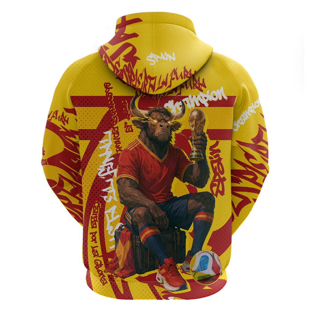 Spain Football Bull Mascot Zip Hoodie Spanish Pride Champion Soccer Trophy Graffiti