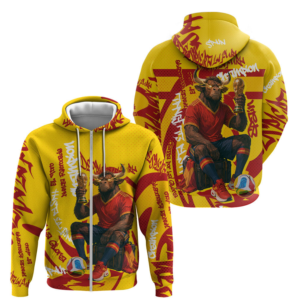 Spain Football Bull Mascot Zip Hoodie Spanish Pride Champion Soccer Trophy Graffiti