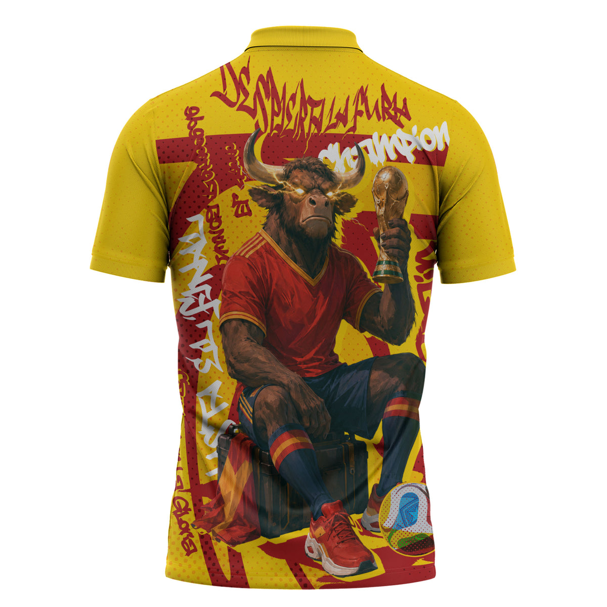Spain Football Bull Mascot Zipper Polo Shirt Spanish Pride Champion Soccer Trophy Graffiti